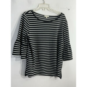 Womans Max Studio Pullover Bell Sleeve Top Large Blue White Stripe Wide Neck
